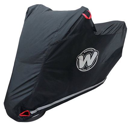 Wemoto heavy duty motorcycle cover fitted over a motorcycle
